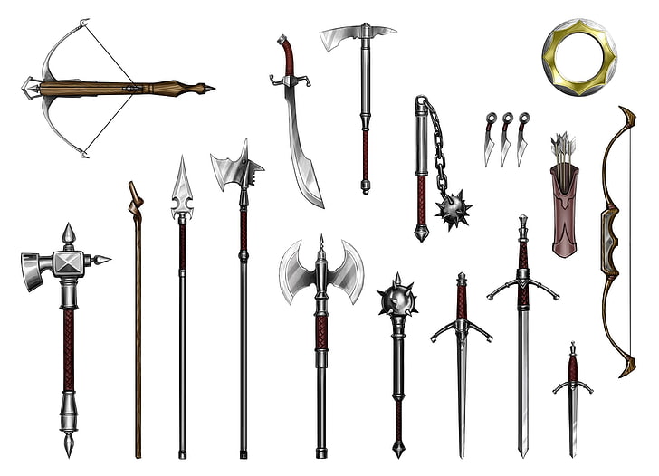 assorted vintage weapons illustration, bow, arrows, quiver, scimitar, long sword, short sword, flail, halberds, spear, war hammer, battle axe, crossbow, mace, HD wallpaper