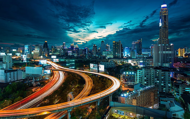 bangunan kota, lanskap kota, kota, arsitektur, malam, bangunan, pencakar langit, lampu, lampu jalan, awan, Bangkok, jalur cahaya, pohon, air, papan iklan, pemandangan mata burung, jalan, Wallpaper HD