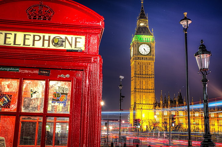 Big Ben, Londres, Angleterre, route, nuit, la ville, Angleterre, Londres, extrait, éclairage, lanterne, Royaume-Uni, Big Ben, stand, téléphone, le palais de Westminster, Grande-Bretagne, palais de Westminster, Fond d'écran HD