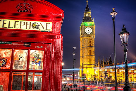 Big Ben, Londres, Angleterre, route, nuit, la ville, Angleterre, Londres, extrait, éclairage, lanterne, Royaume-Uni, Big Ben, stand, téléphone, le palais de Westminster, Grande-Bretagne, palais de Westminster, Fond d'écran HD HD wallpaper