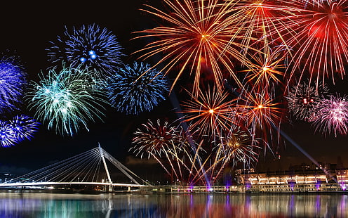 fireworks display, New Year, fireworks, cityscape, HD wallpaper HD wallpaper