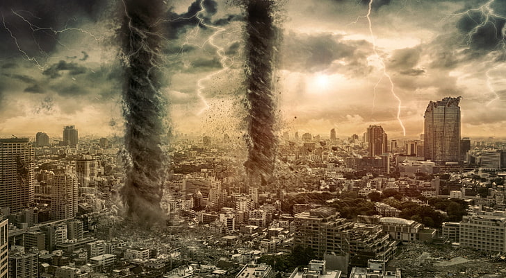Обои Tornado Hell Unleashed, Конец света, Аэро, Креатив, Город, Облако, Буря, Ад, Город, Торнадо, кучево-дождевые облака, HD обои