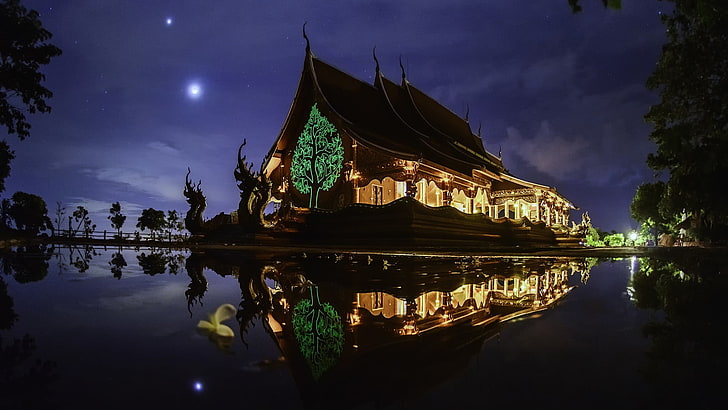 brown house, nature, landscape, architecture, trees, building, water, lake, night, Asian architecture, reflection, dragon, lights, clouds, neon, HD wallpaper