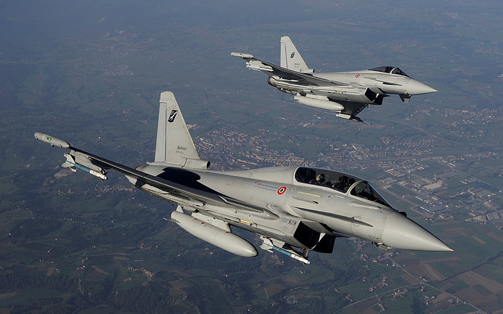 dua pesawat abu-abu, Eurofighter Typhoon, jet fighter, pesawat terbang, pesawat terbang, pesawat militer, kendaraan, militer, Wallpaper HD