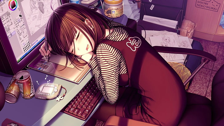 gadis anime, Sayori, brunette, komputer, tablet grafis, sedang tidur, kursi, anime, seni digital, lukisan, keyboard, camilan, monitor, karakter asli, Wallpaper HD