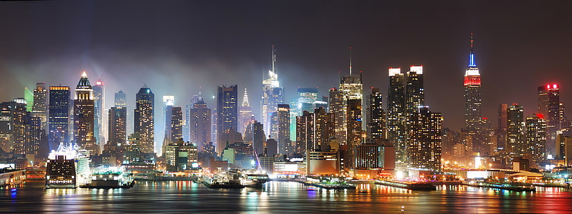 New York City Skyline at night wallpaper, architecture, buildings, dual, hdr, lights, monitor, multi, night, screen, skyscrapers, HD wallpaper HD wallpaper