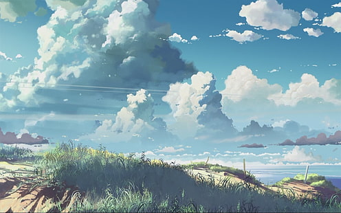lukisan bidang rumput hijau, 5 Sentimeter Per Detik, Makoto Shinkai, awan, sinar matahari, rumput, Wallpaper HD HD wallpaper