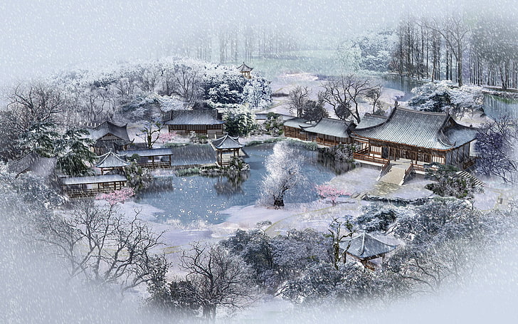 snowy house, winter, lodges, china, snow, garden, pond, from above, HD wallpaper