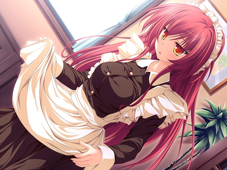 red haired anime illustration, girl, upset, apron, maid, room, HD wallpaper
