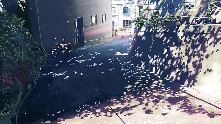 серый бетонный пол, 5 сантиметров в секунду, аниме, макото синкай, солнечный свет, растения, тротуары, мотоцикл, пятнистый солнечный свет, HD обои