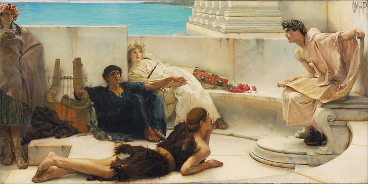 A Reading From Homer, karya seni, Seni Klasik, Mitologi Yunani, sejarah, Laurence Alma, lukisan, Tadema, Wallpaper HD