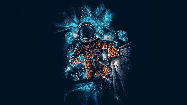 astronaut, blue, space, dark, artwork, galaxy, graphics, cg artwork, graphic design, art, HD wallpaper