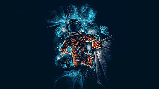 астронавт, синий, космос, темно, произведения искусства, галактика, графика, cg произведения искусства, графический дизайн, искусство, HD обои HD wallpaper