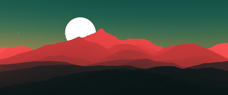 червени и черни планини с илюстрация на бяла луна, минимализъм, Луна, HD тапет