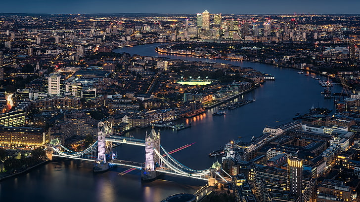 sylwetka na tle nieba, zmierzch, ciemność, Tamiza, most, woda, Wielka Brytania, niebo, arteria wodna, pejzaż miejski, punkt orientacyjny, Londyn, Fotografia lotnicza, światła miasta, noc, Tamiza, Tower Bridge, rzeka, Tapety HD