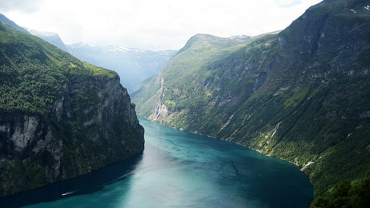 przyroda, dolina, Norwegia, woda, krajobraz, Geiranger, góry, jezioro, fiord, las, kanion, rzeka, Tapety HD