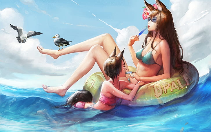 Sexy Fox Anime Girls Art, женщины в голубых и розовых бикини на море, иллюстрации, аниме, девушки, сексуальные, HD обои