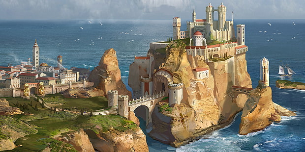 pintura del castillo, Canción de hielo y fuego, ciudad de fantasía, arte de fantasía, Fondo de pantalla HD HD wallpaper