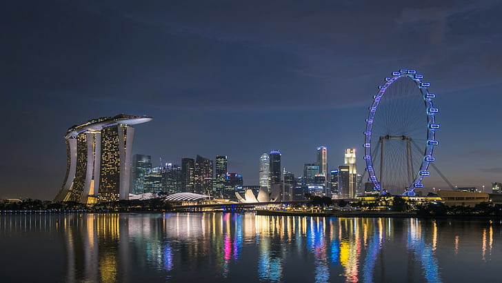 Marina Bay, linha do horizonte, roda gigante, Singapura, reflexão, HD papel de parede
