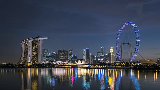 Marina Bay, skyline, ferris wheel, Singapore, reflection, HD wallpaper HD wallpaper