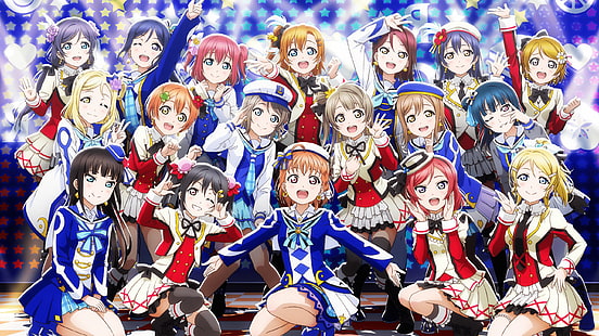 Love Live! Solsken, blå bakgrund, Love Live !, animeflickor, HD tapet HD wallpaper