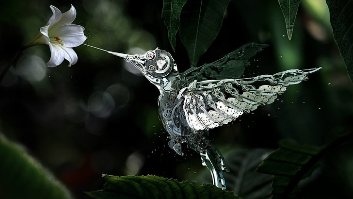wallpaper burung hummingbird putih, patung kaca bening burung dekat bunga putih, mekanik, bunga, daun, makro, diedit, bokeh, burung bersenandung, Wallpaper HD