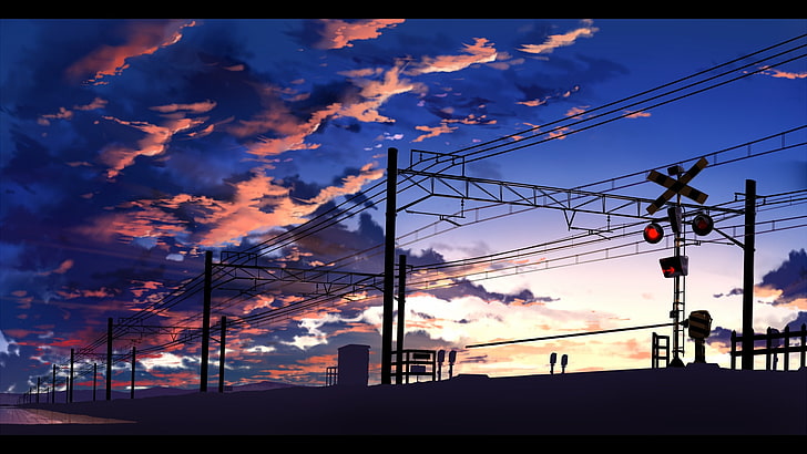 аниме, облака, линии электропередач, железнодорожный переезд, светофоры, вокзал, сервисный столб, HD обои
