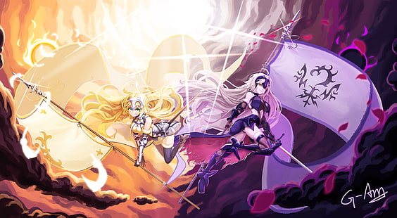 Fate / Grand Order、Fate Series、ルーラー（Fate / Apocrypha）、Avenger（Fate / Grand Order）、ジャンヌダルク、ジャンヌダルクアルター、ブロンド、白い髪、青い目、黄色い目、長い髪、槍、旗、剣、鎧、雲、太陽光線、悪、アニメの女の子、ビデオゲーム、 HDデスクトップの壁紙 HD wallpaper