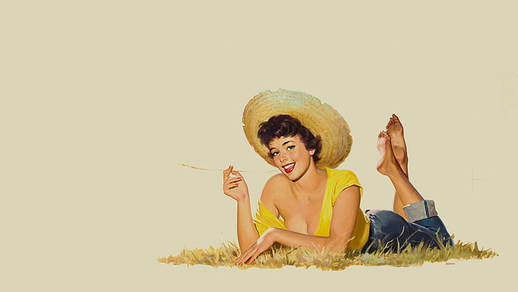 żółty damski top z okrągłym dekoltem, dziewczyna, kapelusz, kłamstwa, pin up, Tapety HD
