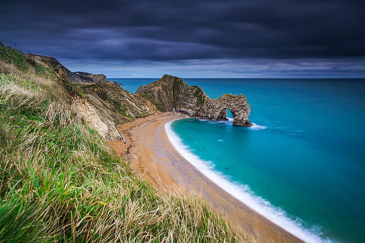 sea, beach, grass, rocks, coast, England, The Channel, English Channel, Dorset, Jurassic Coast, The Jurassic coast, Durdle Door, Arch Degl, HD wallpaper