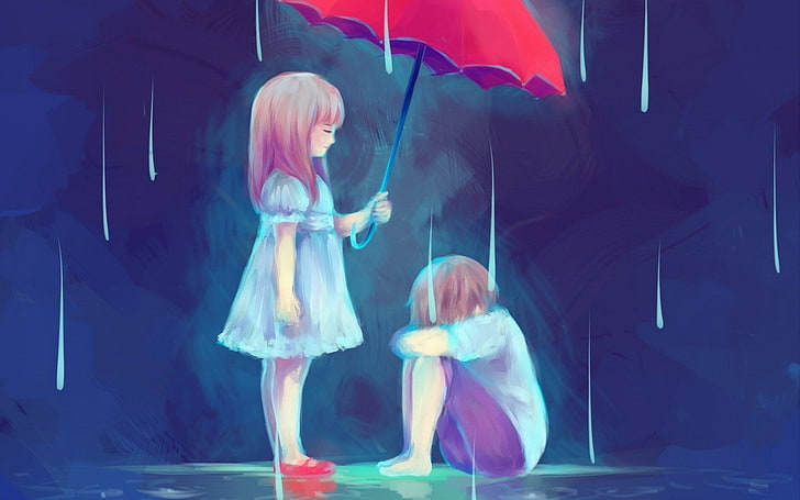 menina, segurando o guarda-chuva na frente da pintura de menino, artística, amor, menino, cores, menina, chuva, triste, HD papel de parede