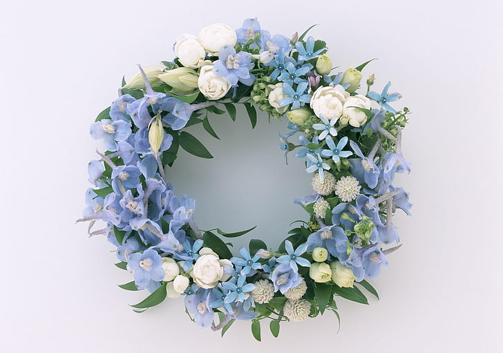 синьо-бял цветен венец, ранункулюс, детелина, цветя, разнообразие, венец, HD тапет