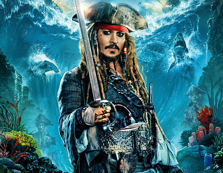 Johnny Depp jako Jack Sparrow w Piratach z Karaibów Dead Men Tell No Tales, Tapety HD