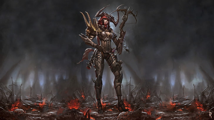 Frau, die Armbrustillustration, Diablo III, Dämonenjäger hält, HD-Hintergrundbild