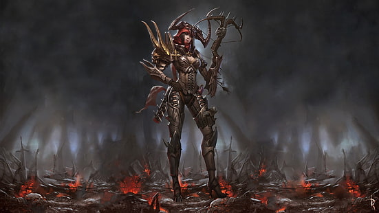 mulher segurando besta ilustração, Diablo III, Demon Hunter, HD papel de parede HD wallpaper