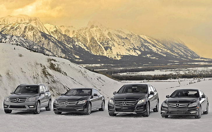 four black Mercedes-Benz cars, snow, mountains, mercedes-benz, Mercedes, mixed, lineup, C-class, R-class, GLK-class, CL-class, HD wallpaper