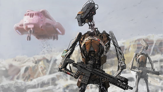 черен и сив робот, държащ пушка, научна фантастика, HD тапет HD wallpaper