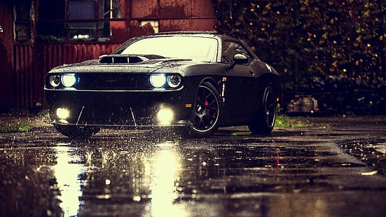 czarny Dodge Challenger na mokrej nawierzchni w ciągu dnia, samochód, pojazd, Tapety HD HD wallpaper