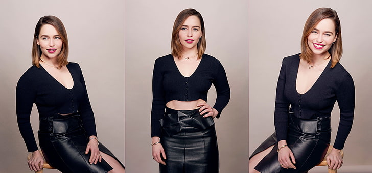 actress, Emilia Clarke, collage, celebrity, women, smiling, leather skirts, HD wallpaper