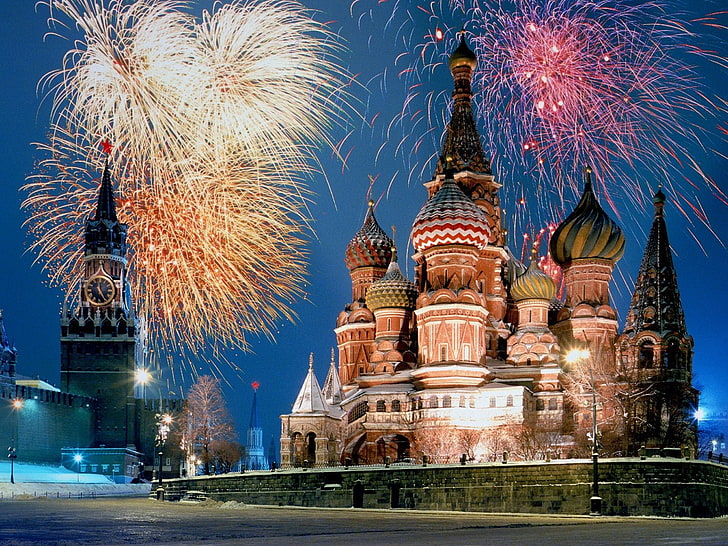 Cattedrale di San Basilio, Mosca, Russia, fuochi d'artificio, Sfondo HD