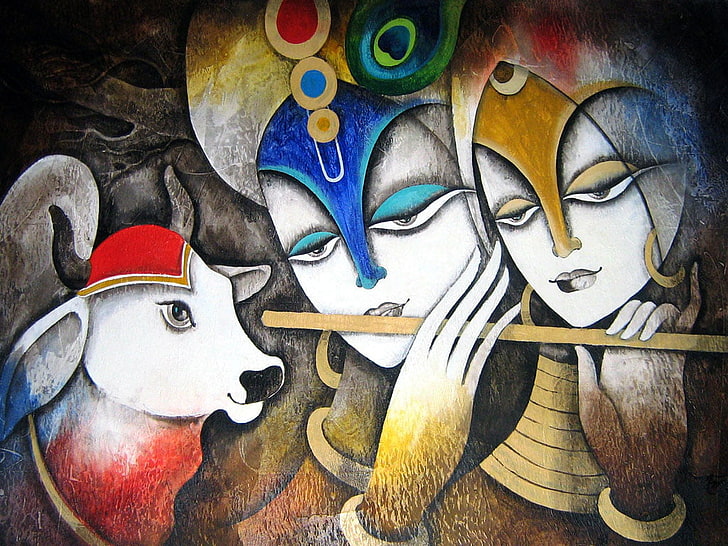 Radha mit Krishna-Glasmalerei, Krishna- und Radha-Malerei, Gott, Lord Krishna, Kunst, Radha, Malerei, HD-Hintergrundbild