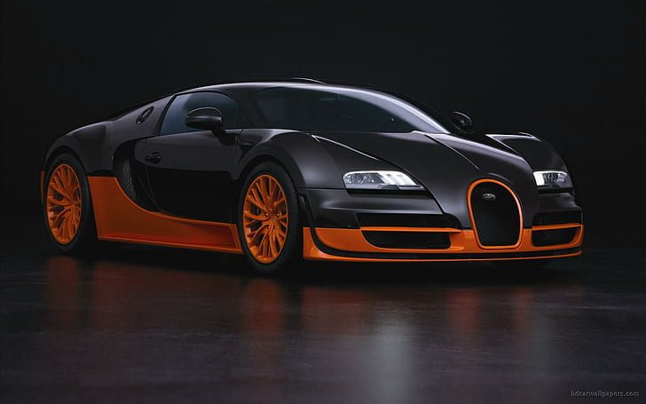 Bugatti Veyron Super Sports Car รถหรูสีดำและสีส้มซุปเปอร์สปอร์ตบูกัตติเวย์รอนรถยนต์, วอลล์เปเปอร์ HD