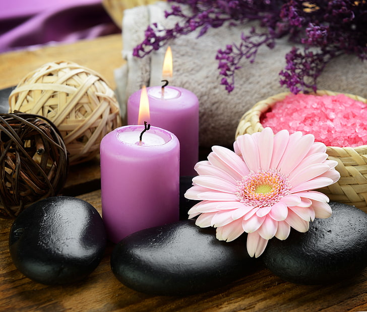 две лилави свещи, цветя, камъни, свещи, гербера, морска сол, HD тапет