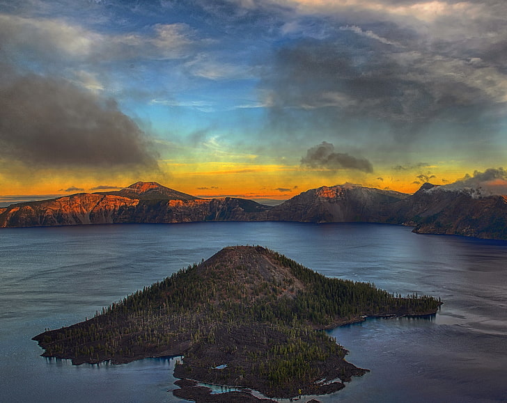 A View From Watchman Overlook, body of water, United States, Oregon, Mount, Blue, Nature, Color, Sunset, Trees, Castle, Lake, Island, Cloud, National, Cloudy, Looking, Park, United, Clouds, East, Crater, States, Wizard, Watchman, Scott, Overlook, Skies, nikon, unitedstates, d800, efex, nikond800, colorefexpro, blueskies, caldera, cloudwisps, craterlake, craterlakenationalpark, day2, hdrefexpro, hillsides, klamath, lookingeast, lowclouds, mountscott, pumice, pumicecastle, watchmanoverlook, wisps, wizardisland, HD wallpaper