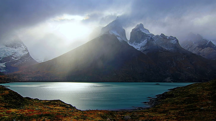 природа, пейзаж, планини, езеро, залез, Чили, Torres del Paine, мъгла, тюркоаз, вода, снежен връх, HD тапет