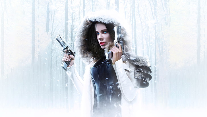 Girl, Kate Beckinsale, Action, Fantasy, Beautiful, Winter, Tree, Warrior, Hybrid, Snow, White, Female, Guns, Women, Vampire, Horror, EXCLUSIVE, Weapon, Lady, Movie, Forest, Trees, Film, Pretty, Hair, Adventure, Blue Eyes, Cold, Crime, Pistols, Albino, Immortal, Sony Pictures, Selene, 2016, Wonderful, Snowflakes, Underworld: Blood Wars, Underworld 5, Lakeshore Entertainment, Screen Gems, UD5, Snowing, Wood', HD wallpaper