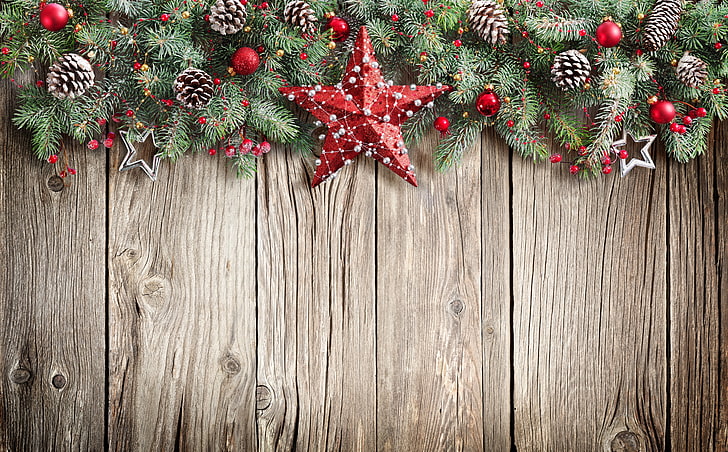 червен барнстар и коледен декор за стена, Нова година, Коледа, звезда, топки, дърво, весела Коледа, декорация, Коледа, елха, HD тапет