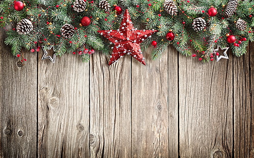 granero rojo y decoración de la pared de Navidad, Año Nuevo, Navidad, estrella, bolas, madera, feliz navidad, decoración, navidad, abeto, Fondo de pantalla HD HD wallpaper