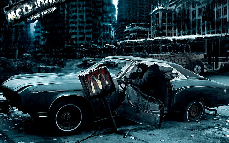 O desenho pós-apocalíptico, o carro quebrado, frases, fantasia, um carro, desenhos, uma cidade, noite, carros, HD papel de parede