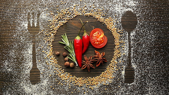 légumes, fourchette, cuillère, assiette, bois, table, gastronomie, composition, tomate, piment, poivre, romarin, épices, épices, Fond d'écran HD HD wallpaper